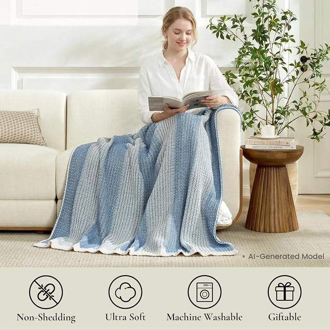 Premium Chenille Throw Blanket, Soft Cozy Luxury Two-Tone Knit Blanket for Couch, Sofa, Chair, Home Decor, Blue & Ivory 50"x60"