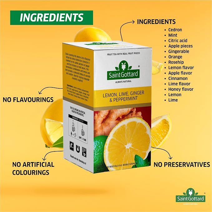 [Lemon Lime Ginger & Mint] Saint Gottard Herbal Tea – Caffeine-Free Herbal Infusion, Natural Ingredients, Hot or Iced Tea, Organic Premium Flavor Blend, Aromatic & Smooth Taste, 40 tea bags