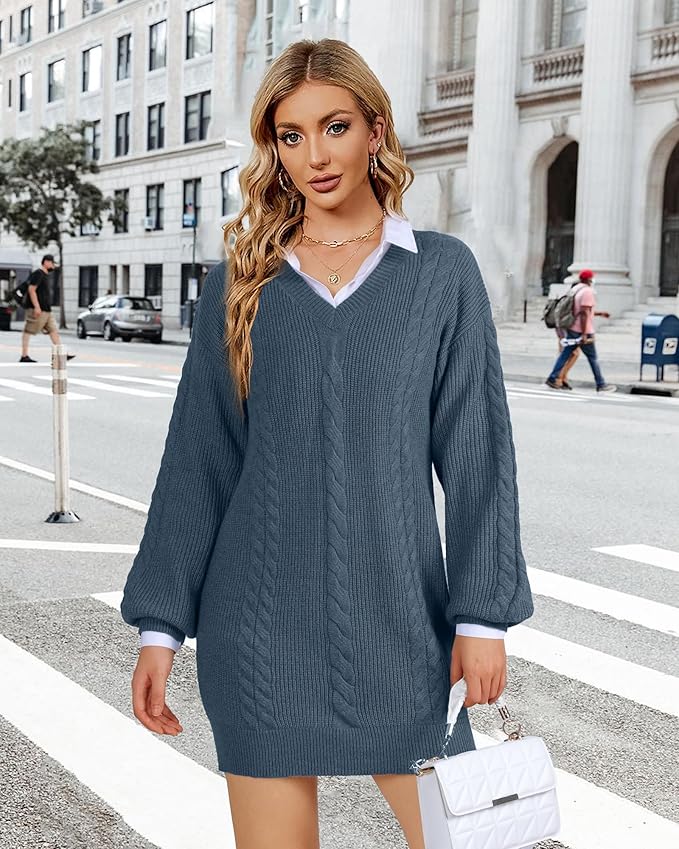 Women's Pullovers Jumper Sweaters Lantern Sleeve Casual V Neck Fall Knit Mini Sweater Dresses