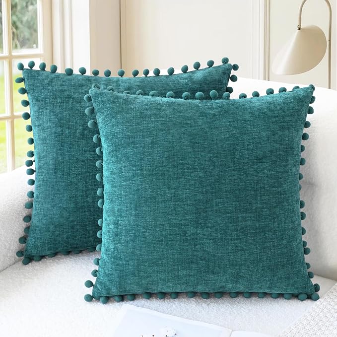 CaliTime Decorative Couch Throw Pillow Covers 18 X 18 Inches Teal | Pack of 2, Cozy Chenille Cushion Cases, with Pom Poms for Sofa Bed Living Room Farmhouse Home