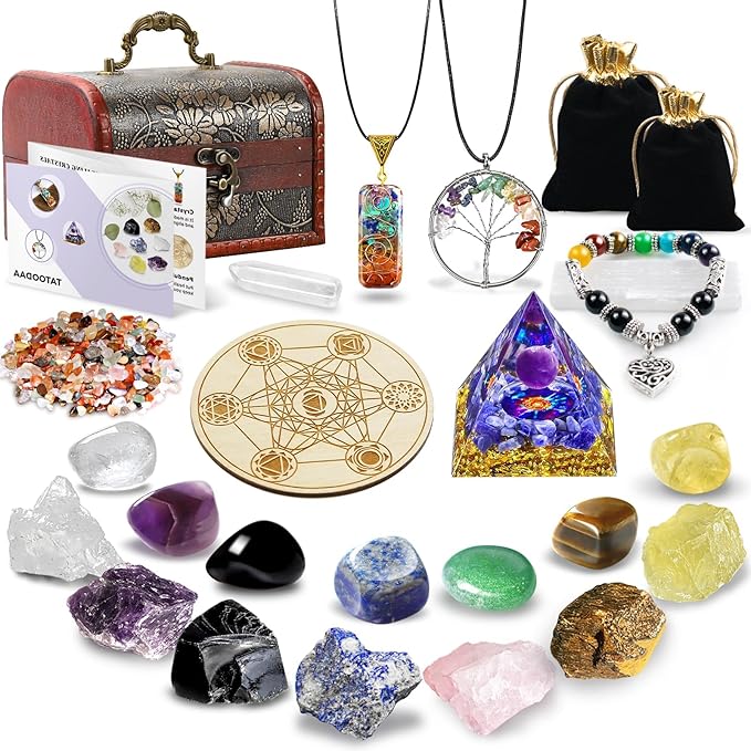 Crystals and Healing Stones, 26 Pcs Healing Crystal Set for Meditation, 7 Raw Chakra Stones Crystals Pyramid Reiki Real Crystal Stones with Wooden Box, Gifts for Women, Valentine's Day Gift