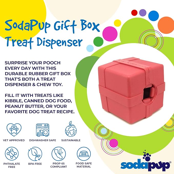 SodaPup Gift Box – Durable Dog Treat Dispenser & Chew Toy Made in USA from Non-Toxic, Pet Safe, Food Safe Natural Rubber Material for Mental Stimulation, Problem Chewing, Calming Nerves, & More