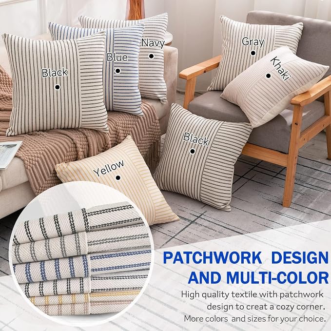 YCOLL Farmhouse Pillow Covers 12x20, Modern Accent Lumbar Throw Pillow Covers Set of 2, Grey and Beige Striped Patchwork Linen Decorative Pillows Cushion Covers for Couch Chair Bedroom Home Decor