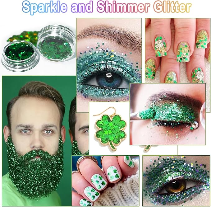 Laza 2 Jars St. Patrick’s Day Body Glitter Iridescent Chunky Sequins with Glitter Glue Women Eyeshadow Makeup Face Paint Festival Rave Outfits Hair Accessories Carnival Party Costumes-Iridescent Clove