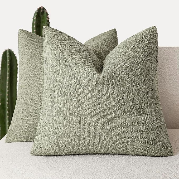 Foindtower Set of 2, Decorative Textured Boucle Throw Pillow Covers Accent Solid Pillow Cases Neutral Soft Couch Cushion Case for Chair Sofa Bedroom Living Room Home Decor 24x24Inch Dirty Sage Green