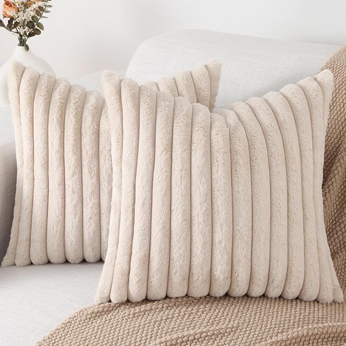 Pallene Faux Fur Decorative Throw Pillow Covers 26x26 Set of 2, Apricot | Luxury Plush Texture, Striped Design, Cozy Soft Touch, Modern Home Accent Decor for Couch, Sofa, Bed, Living Room
