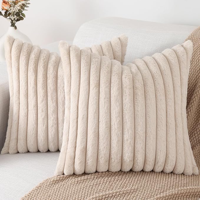 Pallene Faux Fur Decorative Throw Pillow Covers 24x24 Set of 2, Apricot | Luxury Plush Texture, Striped Design, Cozy Soft Touch, Modern Home Accent Decor for Couch, Sofa, Bed, Living Room