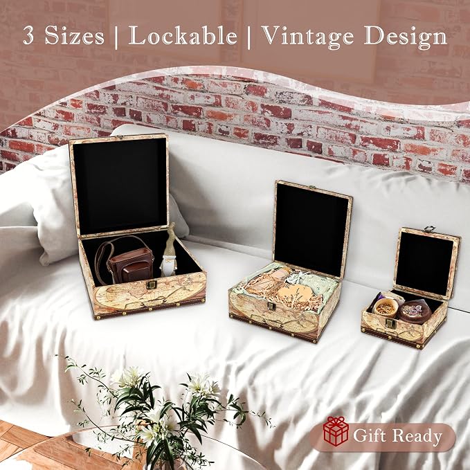 Jolitac Wooden Storage Box Set of 3, Antique-Looking Storage Containers with Secret Compartments Vintage Nesting Keepsake Chests for Jewelry, Cash, Photos Travel-Friendly & Stackable (Map)