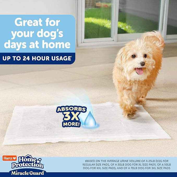 Hartz Miracle Guard Dog and Puppy Dog Pads Max Absorbency 24 Hour Use Odor Eliminating No Leaks, Regular Size 50 Count