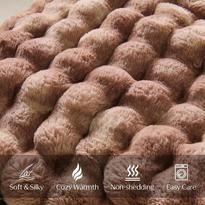 DOWNCOOL Large Faux Rabbit Fur Throw Blanket, Soft Fluffy Fuzzy Plush Bubble Blanket for Couch Sofa & Bed, Cozy Warm Luxury Fleece Minky Blanket, 90x90 Inches Tie-dye Brown