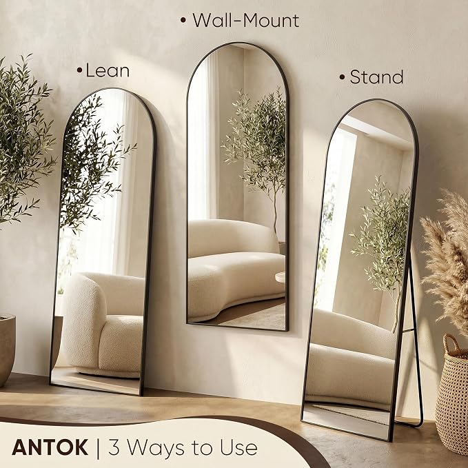 Antok 68" x26” Arched Full Length Floor Mirror, Black Aluminum Frame, Free Standing/Wall Mount/Leaning for Bedroom, Living Room, Dressing Room