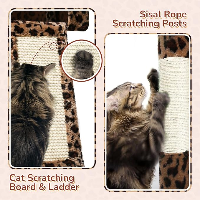 Globlazer Heavy Duty Leopard Cat Tree, 70in Sturdy Cat Tree for Indoor Cats Sturdy Large Cat Tower with Scratching Post & Board, Hammock, 2 Cat Condo for Adult Cats Kittens, F70 Pro, Leopard Print