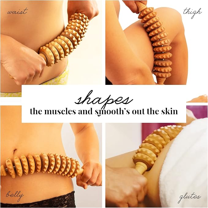 Tuuli Wooden Massage Roller for Waist and Thigh, Multi-Functional Body Roller for Cellulite Reduction and Muscle Tension, Natural Massager for Women and Men (Curved)