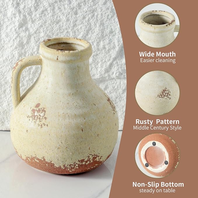 Ceramic Flower Vase Home Decor - 7.1 Inch Farmhouse Vases Rustic Vintage Living Room Kitchen Bedroom Decorations for House Book Shelf Office Coffee Desk Dining Fireplace