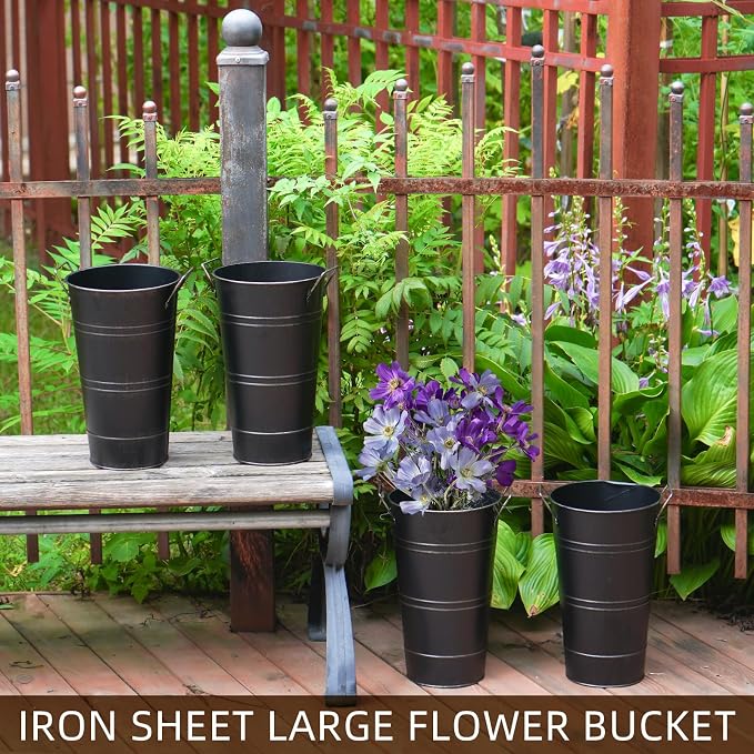 Notakia 12 Inch Large Galvanized Metal Vases Farmhouse French Flower Bucket Vases for Cut Flowers for Home Decor and Wedding Table Centerpiece Decorations (Large Blcak 4Pcs)