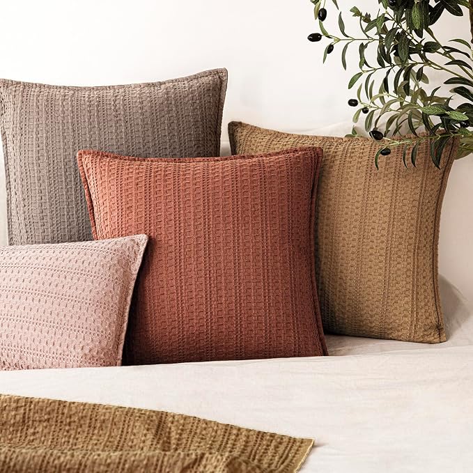 Foindtower Set of 2 Decorative Cotton Waffle Weave Throw Pillow Cover Euro Shams Cushion Covers Accent European Pillowcase For Bed Couch Sofa Bedroom Living Room Home Decor 22×22 Inch Fall Rust Orange
