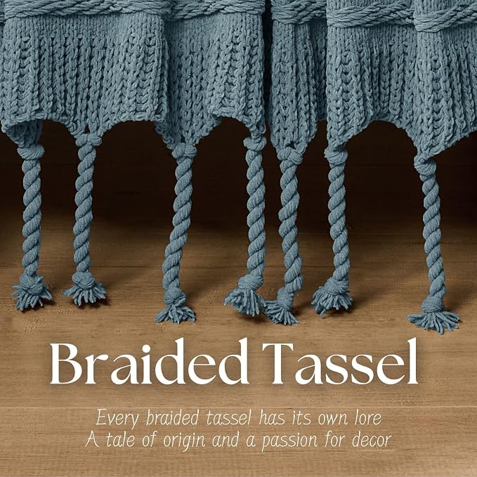 Boho Knitted Chenille Blanket with Tassels - Lightweight & Soft All-Season Throw - 3D Classic Pattern for Living Room Bedroom Couch, Celestial Blue, King 90"x108"