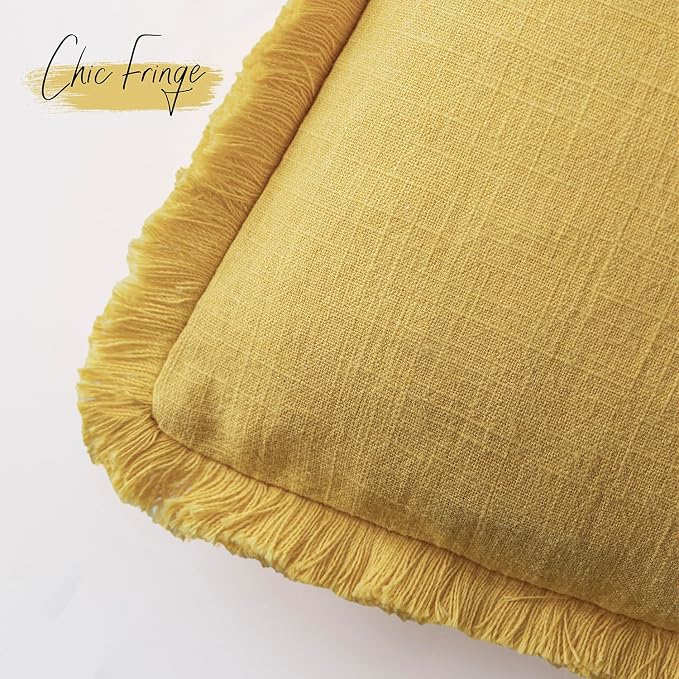 Foindtower Set of 2 Decorative Linen Fringe Throw Pillow Covers Cozy Boho Farmhouse Cushion Cover with Tassels Soft Accent Pillowcase for Couch Sofa Bed Living Room Home Decor,18×18 Inch,Ginger Yellow