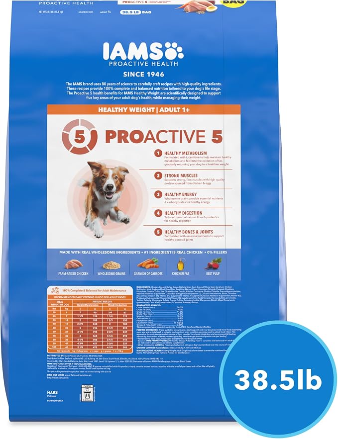 IAMS Proactive Health Healthy Weight Dry Dog Food, Chicken, 38.5 lb | Real chicken #1 ingredient, L-Carnitine for metabolism, strong muscles, no fillers or artificial flavors, vet-recommended