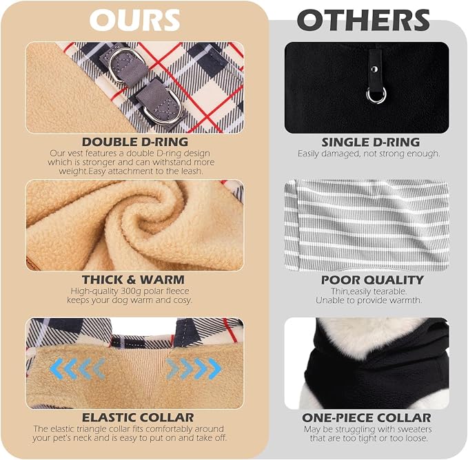 Fleece Dog Sweater - Classic Plaid Dog Jacket, Winter Coat Vest with 2 D-Rings for Leash, Pet Cold Weather Clothes, Sweatershirt for Boys or Girls