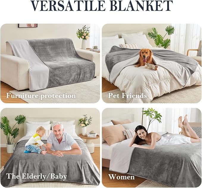 Waterproof Blanket Bed Cover 80"x90" for Adults or Pets, Grey | Soft Pet Blanket for Dogs Cats, Reversible Leakproof Blanket for Bed Couch Sofa, Furniture Protector