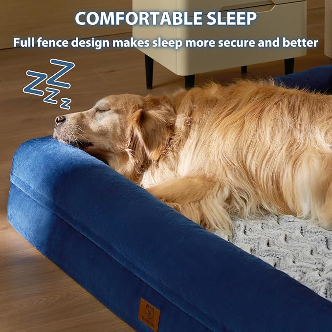 WNPETHOME Giant Dog Bed Orthopedic for Senior Dog Bed Comfy Sleeping | Washable Waterproof Dog Couch with Removable Cover, Large Pet Sofa Bed with Bolster Sides for Relaxing Blue 61x43 Inch