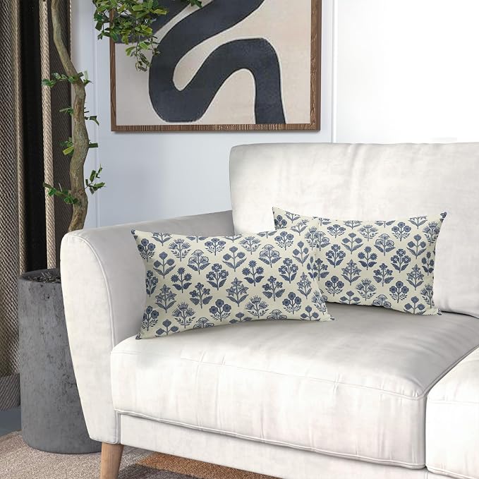 Dark Blue Floral Pillow Covers 12x20 Inch Set of 2, Block Print Lumbar Flower Cream Decorative Throw Pillowcases Outdoor Farmhouse Rectangle Cushion Covers Spring Summer Sofa Couch Bed Decor