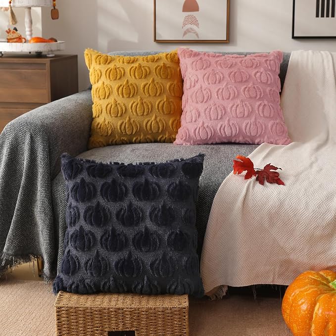 DFXSZ Fall Pillow Covers 20x20 2Pcs Pink Pumpkin Fall Decorations for Home | Fall decor Set of 2 Throw Pillow Cases Soft Plush Faux Fur Wool Couch Cushion for Chair Sofa Bedroom Living Room Home Decor