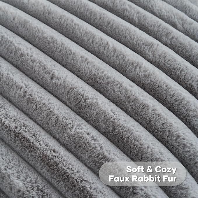 FUTEI Pack of 2 Faux Fur Throw Pillow Covers 12x20 Inch, Grey | Fluffy Faux Rabbit Fur Front/Premium Velvet Back,Hidden Zipper,Machine Washable,Non-Shedding,Colorfast,Insert Not Included.