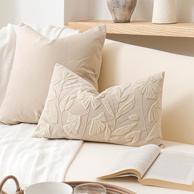 Decorative Lumbar Pillow Cover 12x20, Beige Neutral Accent Velvet Throw Pillowcase for Couch Sofa Living Room, Floral Tufted Rectangular Cushion, Cover Only