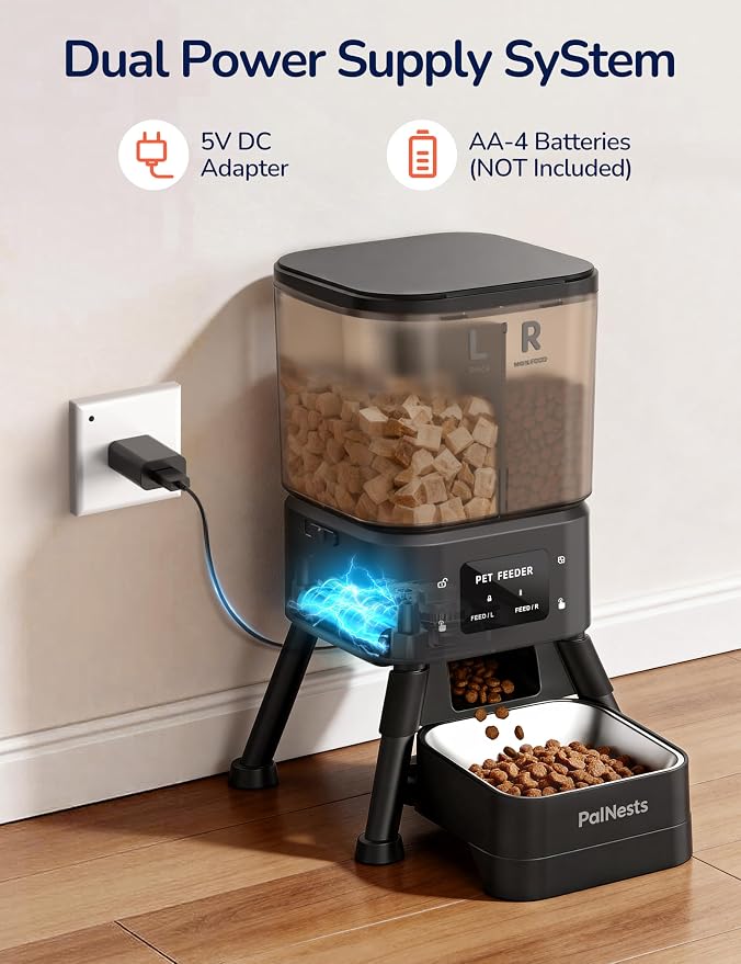 Dual Chamber Automatic Cat Feeder 4L, Dry/Treat Portion | Smart WiFi Pet Food Dispenser 4L with 2.4&5G WiFi App, Custom Schedule & Portion Control for Dry Food and Treats, Black
