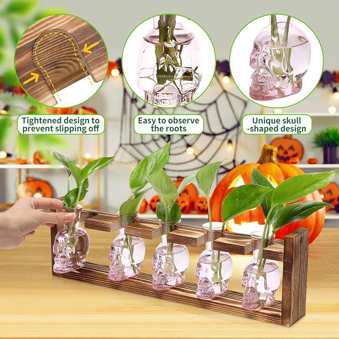Plant Terrarium Propagation Stations Halloween Skull Planter Vase Skulls | decor With Wooden Stand Gife for Father - 5 Vases
