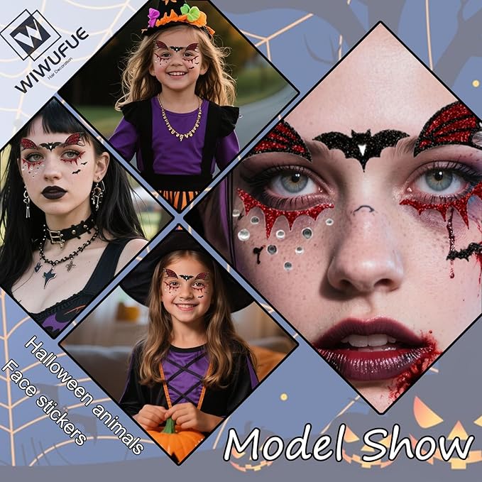 Halloween Bats Glitter Face Tattoo Stickers for Kids - Self-Adhesive Temporary Body Art Makeup for Halloween,Cosplay, Festival - Halloween Tattoo Face Sticker - 2Pcs (Bats)