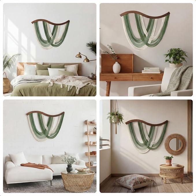 Green Macrame Wall Hanging Dip Dyed Yarn Wall Art, Modern Boho Decor | Handmade Cotton Rope Tapestry for Bedroom, Living Room, Nursery, 31.5 x 23.6 Inch