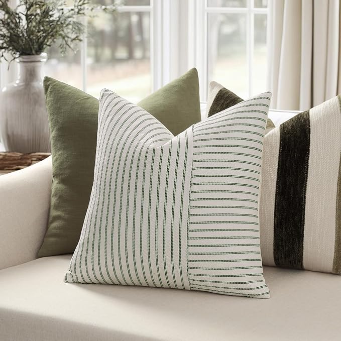 YCOLL Farmhouse Pillow Covers 20x20, Modern Accent Square Throw Pillow Covers Set of 2, Olive Green and Beige Striped Patchwork Linen Decorative Cushion Covers for Couch Chair Bedroom Home Decor