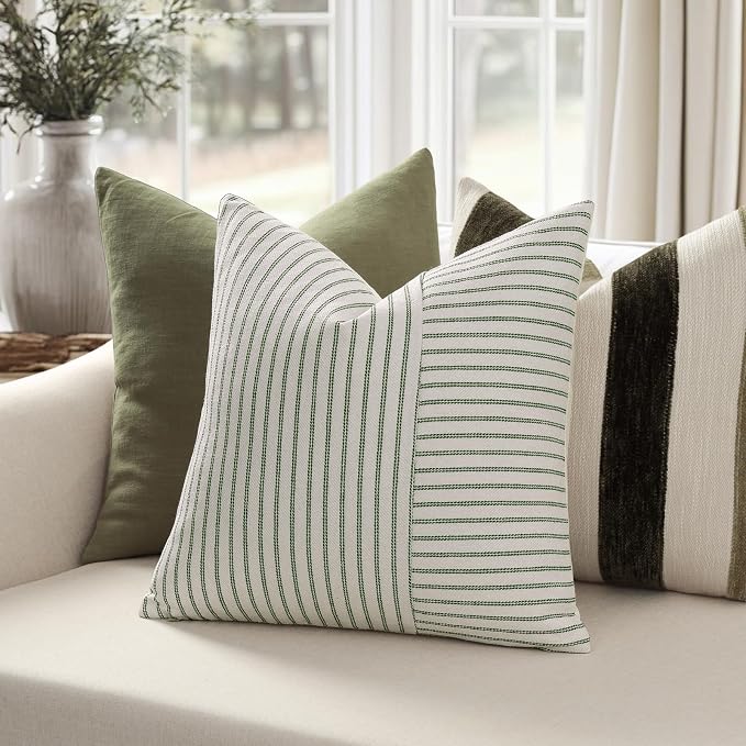 YCOLL Farmhouse Euro Sham Pillow Covers 24x24, Modern Throw Pillow Covers Set of 2, Olive Green and Beige Striped Patchwork Linen Decorative Cushion Covers for Bed Sofa Couch Living Room Home Decor