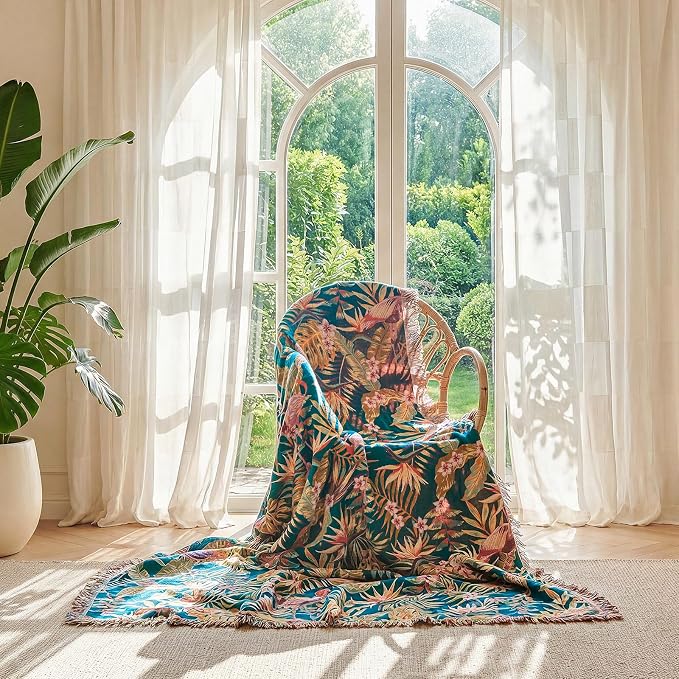 LUTBM Boho Throw Blanket for Bed 60"x80", All Season Cotton Couch Blankets | Reversible Leaves Birds Jacquard, All-Season Twin Lightweight Breathable Quilt, For Chair Sofa Bedroom Living Room