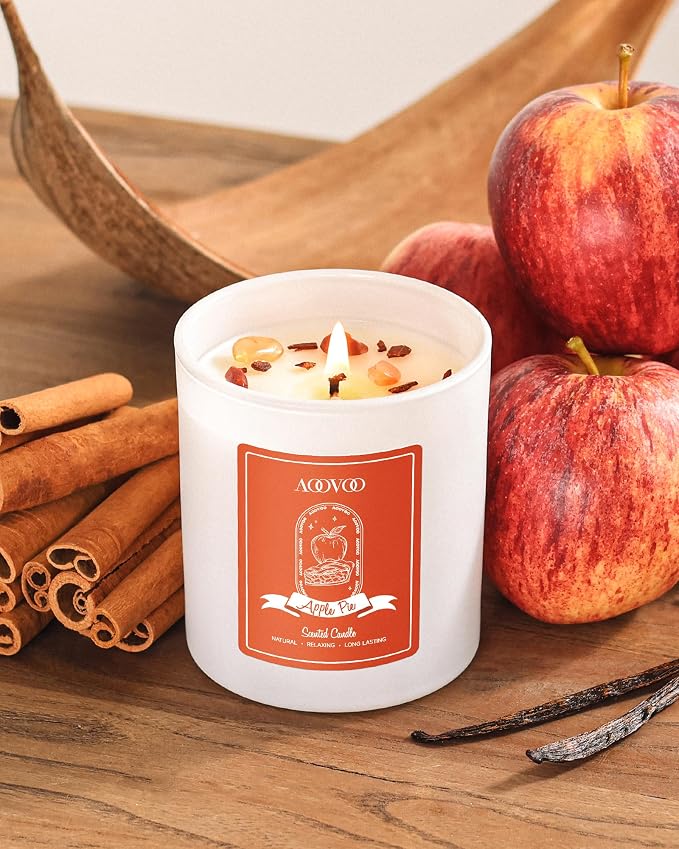 AOOVOO Apple Pie Scented Candles for Women - Aromatherapy Candle with Crystals Inside, 10oz Soy Candles for Home Scented, Birthday Gifts Christmas Day Candle for Mom Women