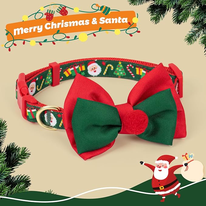 azuza Christmas Dog Collar Santa Print Xmas Pet Collar with Removable Red and Green Bowtie, Adjustable Dog Collar Accessories for Puppy and Small Dogs