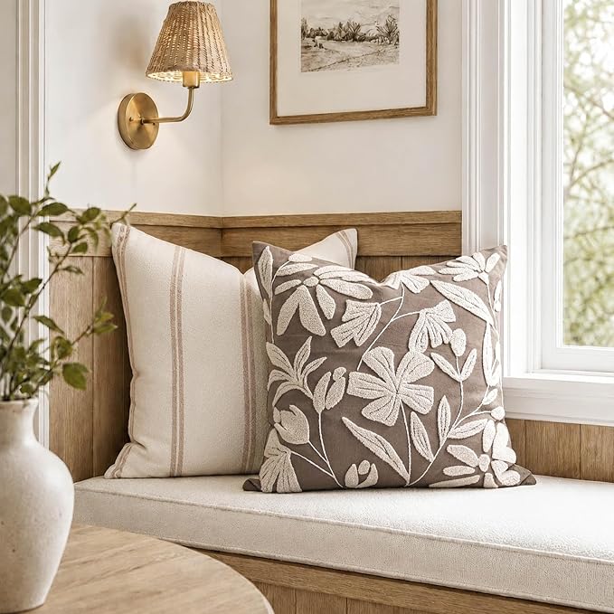 Decorative Throw Pillow Cover 20x20 Inch, Taupe Brown Floral Tufted Velvet Accent Pillow Case for Sofa Bed Living Room, Cover Only