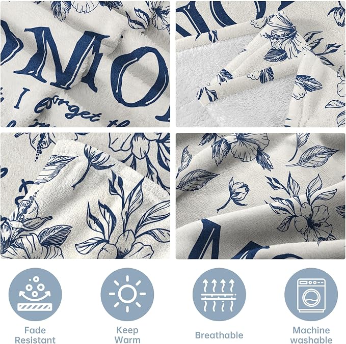 Gifts for Mom, Mom Birthday Gifts from Daughter Son, To My Mom Blanket | I Love You Mom Gifts for Birthday, Christmas, Mothers Day, Blanket for Mom with Hibiscus Flowers Print, 60" x 50", Blue