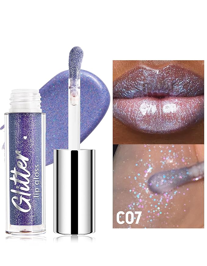 Erinde Glitter Shimmer Lip Gloss, Hydrating High-Shine Glimmer Finish & Sheer Wash Of Color Lip Oil, Non-Sticky, Moisturizing Lip Makeup, Bling Sparkle Lip Gloss Lipstick, Vegan & Cruelty-Free, 07