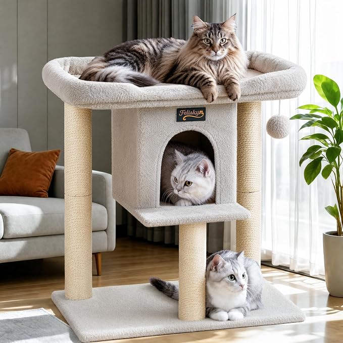 Cat Tree Tower Scratching Post for Indoor Large Adult Cats with Perch Bed | 28in Tall Small Cat Trees House with Big Perch, Condo, Toy Balls, Modern Kitten Climbing Furniture Platform, Light Gray