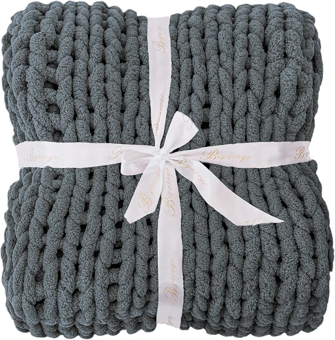 Bigacogo Chunky Knit Throw Blanket for Couch, 60x80 inches, Iron Gray | Hand Knit with Jumbo Chenille, Soft Breathable Cable Knit for Sofa Bed Living Room, Machine Washable, Gift for Mom Friend