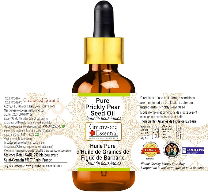 Greenwood Essential Prickly Pear Seed Oil (Opuntia ficus-Indica) with Glass Dropper | Infused | Pure | Non-Sticky | Lightweight | for Facial Care | Natural | Men & Women | 50ml (1.69 oz)