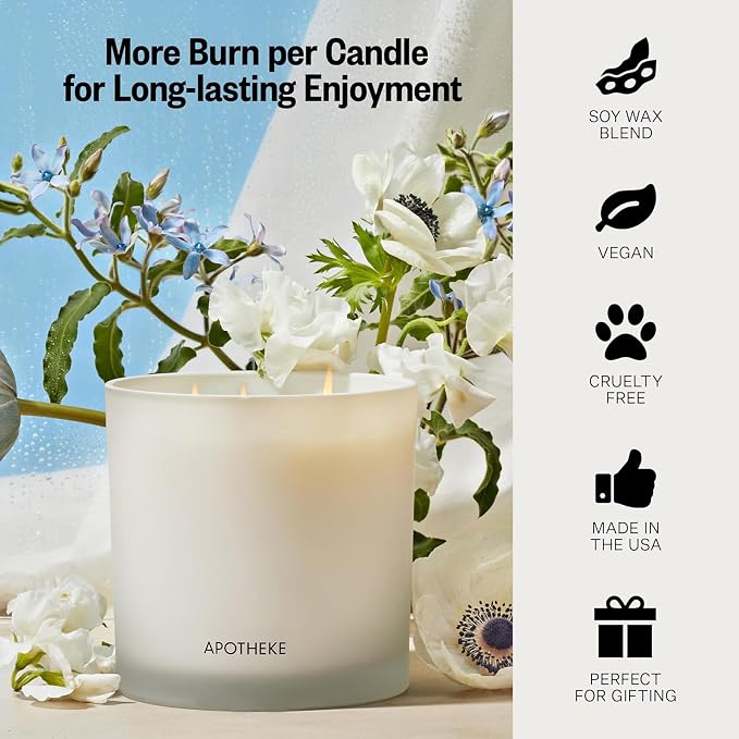 Apotheke 3-Wick Scented Candles for Home, Canvas - 26 oz Soy Wax Jar Candle Gift for Women - Long-Lasting Fragrance with Perfume-Grade Essential Oils - White Musk, Dew Drops & Lily of the Valley