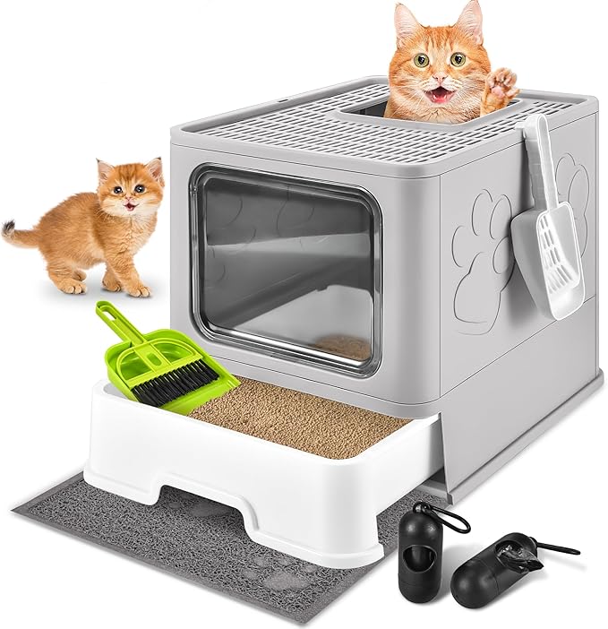 Covered Cat Litter Box, Extra Large Drawer Design with Dual Entry, Gray | 13L litter capacity, adjustable door, leakproof structure, cleaning accessories, complimentary cat litter mat