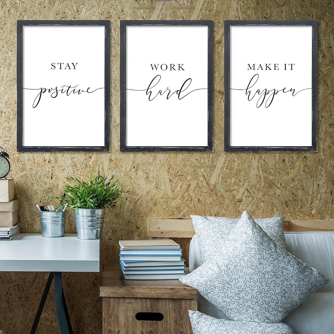RLWangChao Inspirational Quotes Wall Art Decor 3 Piece 11"X16" Black | Modern Office, Stay Positive Work Hard Make It Happen Motivational, Framed Sign, Living Room Positive Wall Hanging