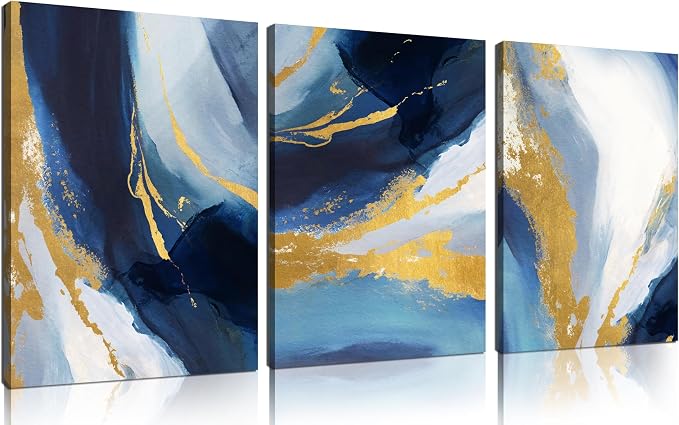 DNIEOTU Abstract Wall Art for Living Room, Blue White and Gold Canvas Wall-Decor for Bedroom, Picture Prints, Size 12 x 16 Inches 3-Pieces