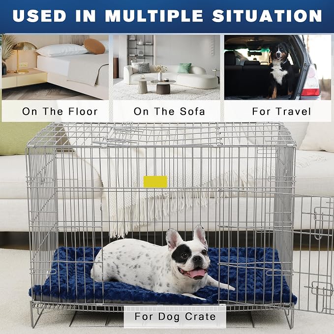 Exsnugy Washable Dog Bed Mat Medium Size Fluffy Pet Crate Pad 30x19 | Non-Slip Bottom Kennel Beds Ultra Soft Comfy Sleeping Mattress for Large Medium Small Dogs Blue